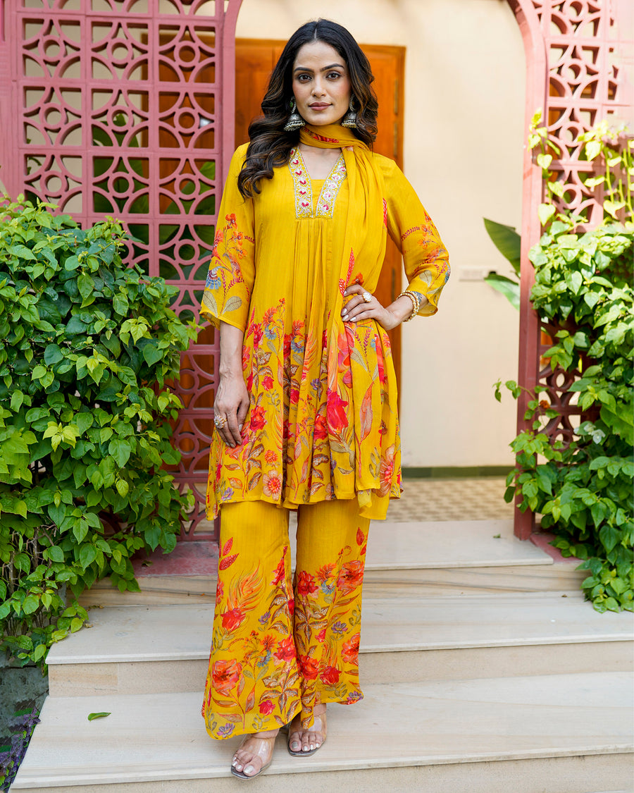 Yellow misty floral suit set