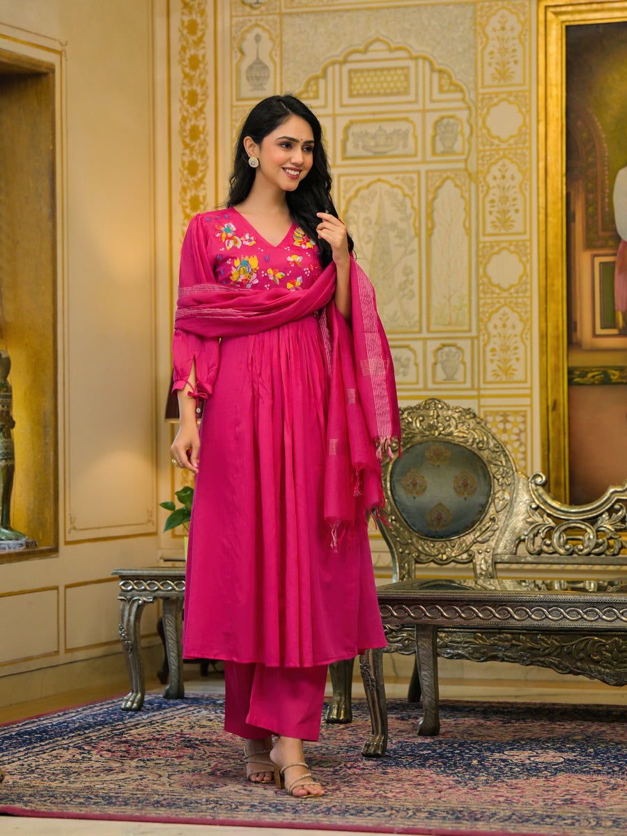 Magenta pink malchanderi suit set