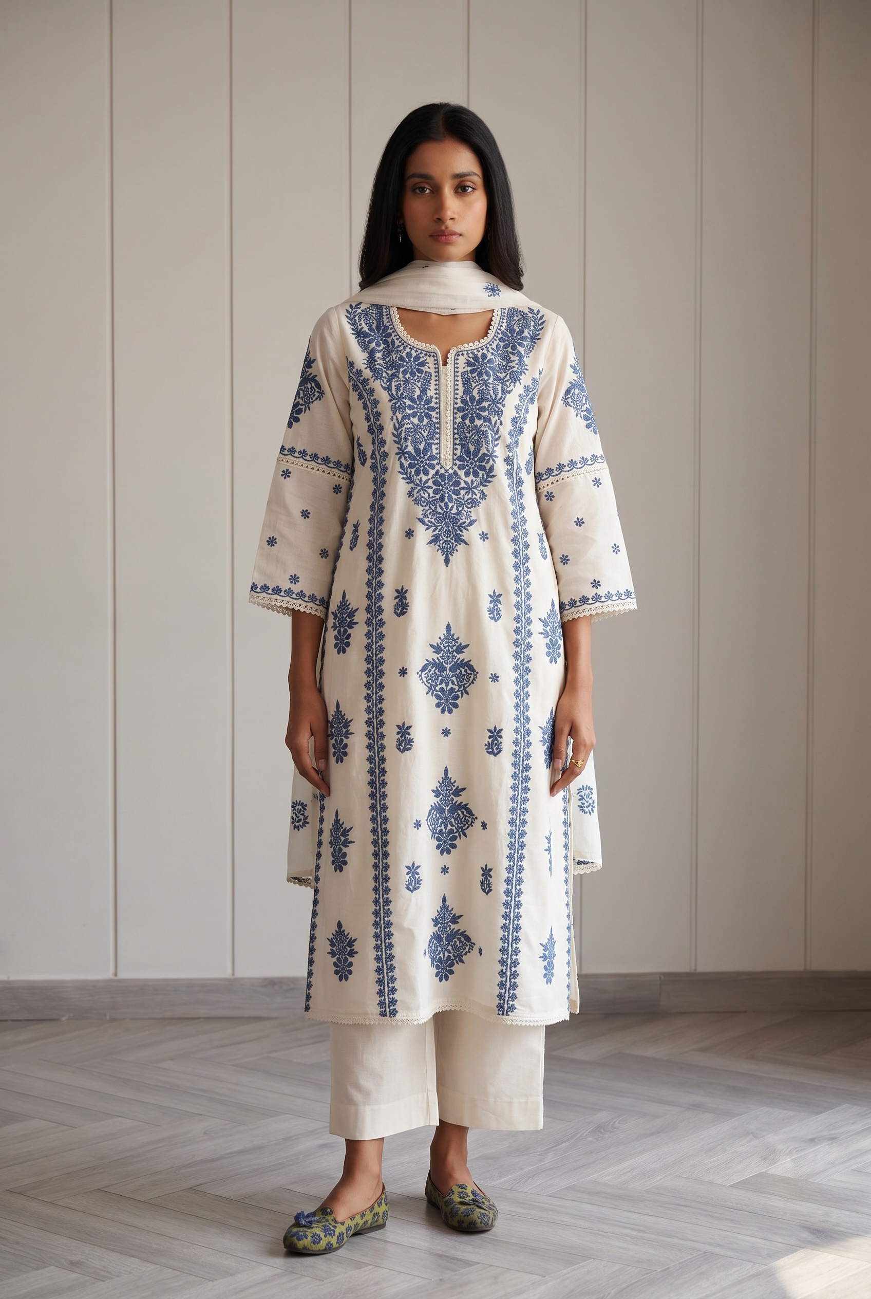 Blue &amp; White Chikankari Suit Set