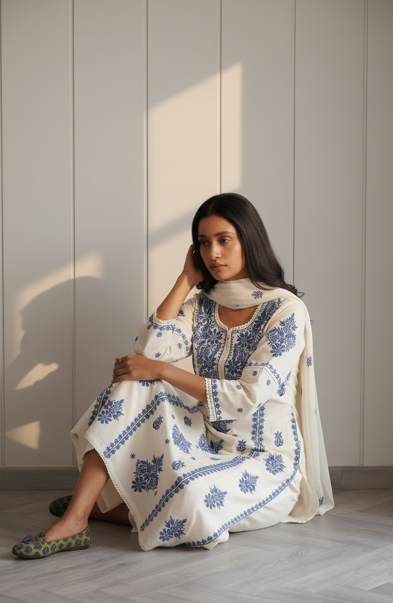 Blue &amp; White Chikankari Suit Set