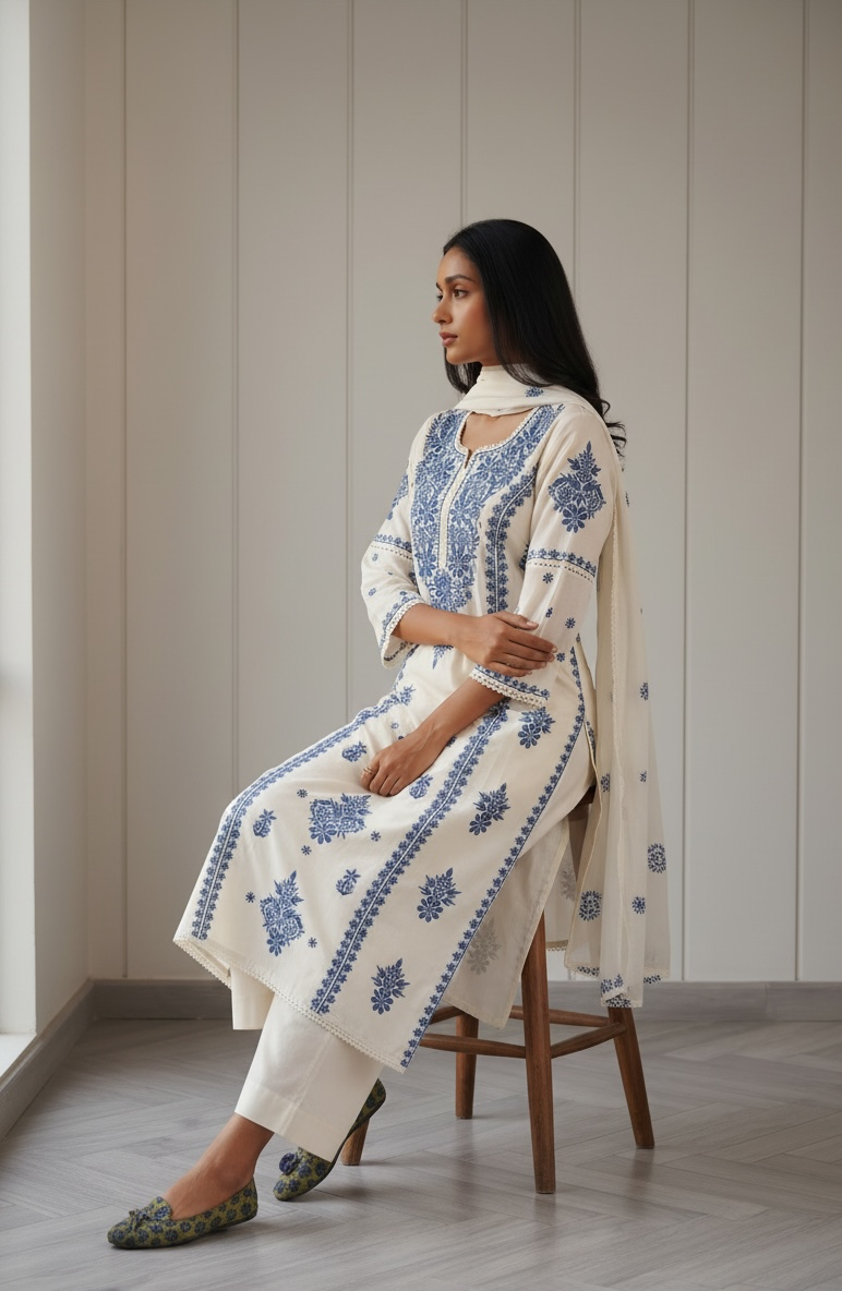 Blue &amp; White Chikankari Suit Set