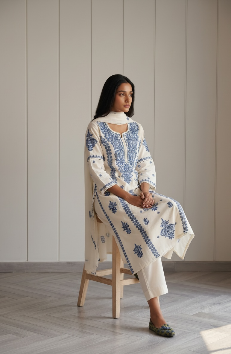 Blue &amp; White Chikankari Suit Set