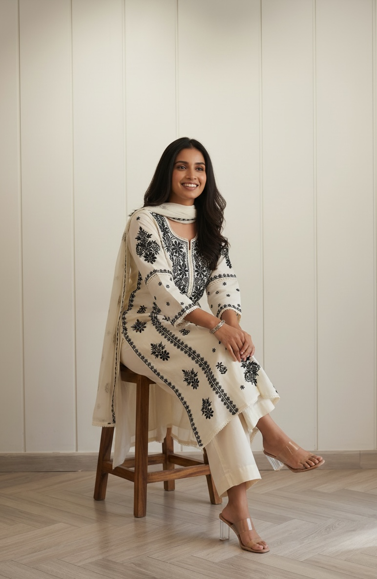 Black &amp; White Chikankari Suit Set