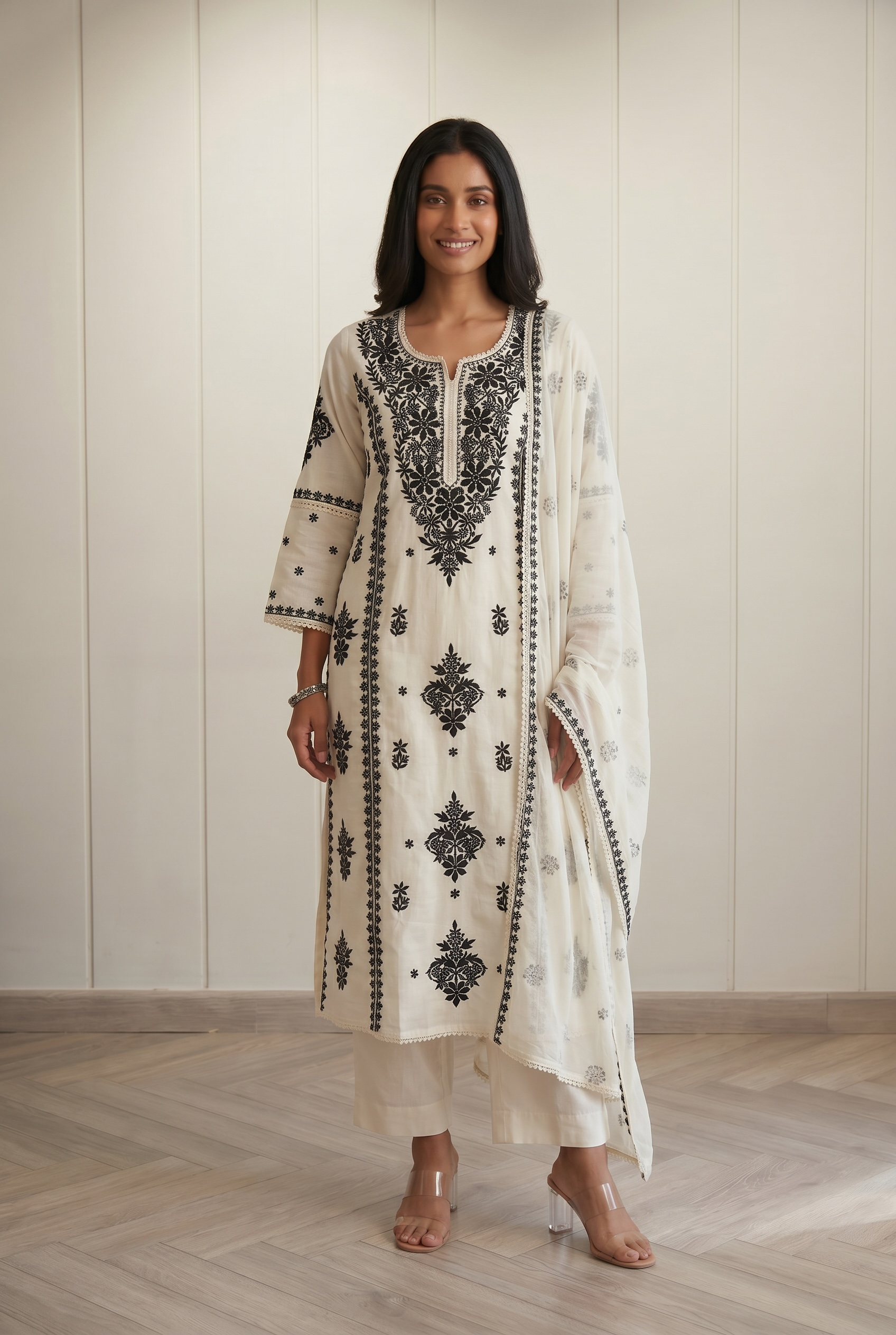 Black &amp; White Chikankari Suit Set