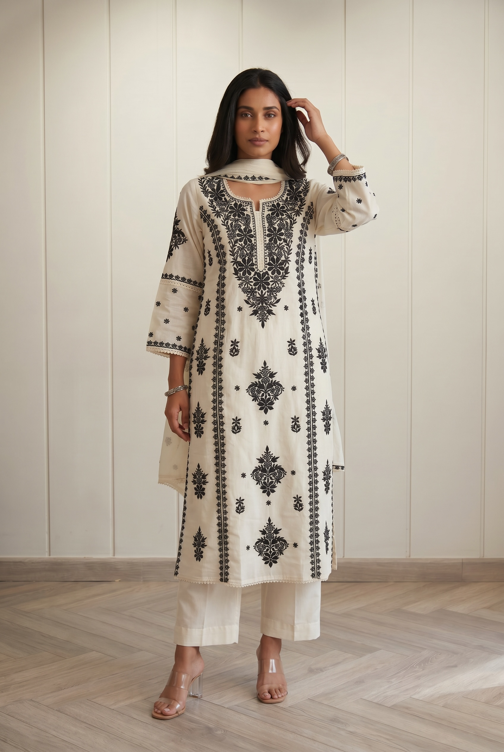 Black &amp; White Chikankari Suit Set