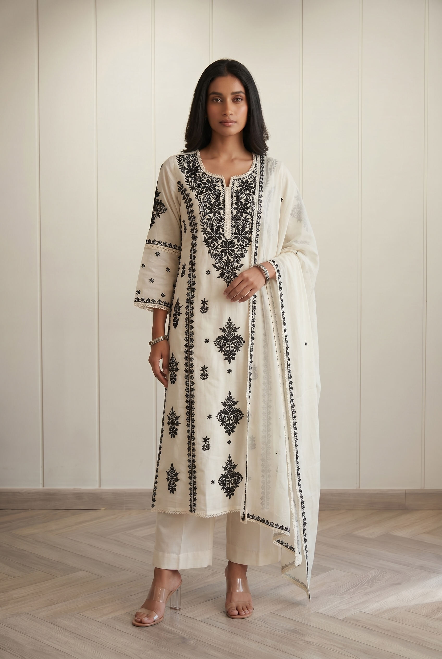 Black &amp; White Chikankari Suit Set