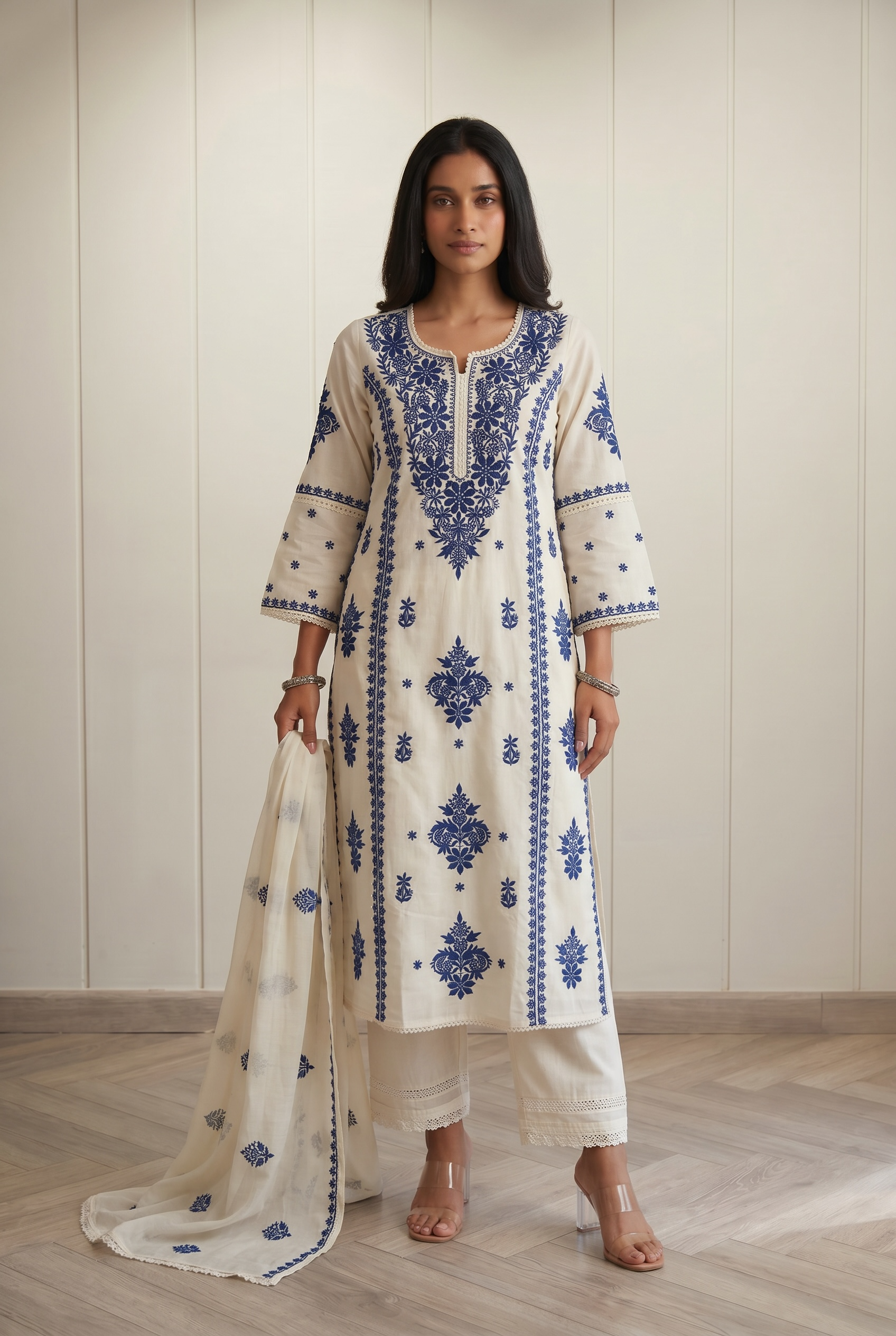 Blue &amp; White Chikankari Suit Set