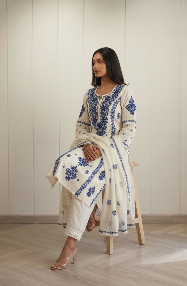 Blue &amp; White Chikankari Suit Set