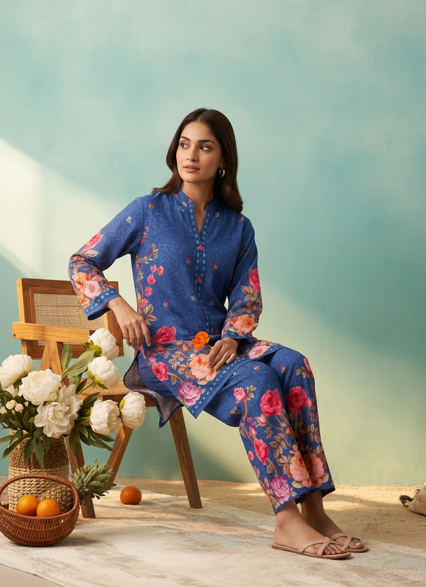Royal Blue Rose Printed Cord Set
