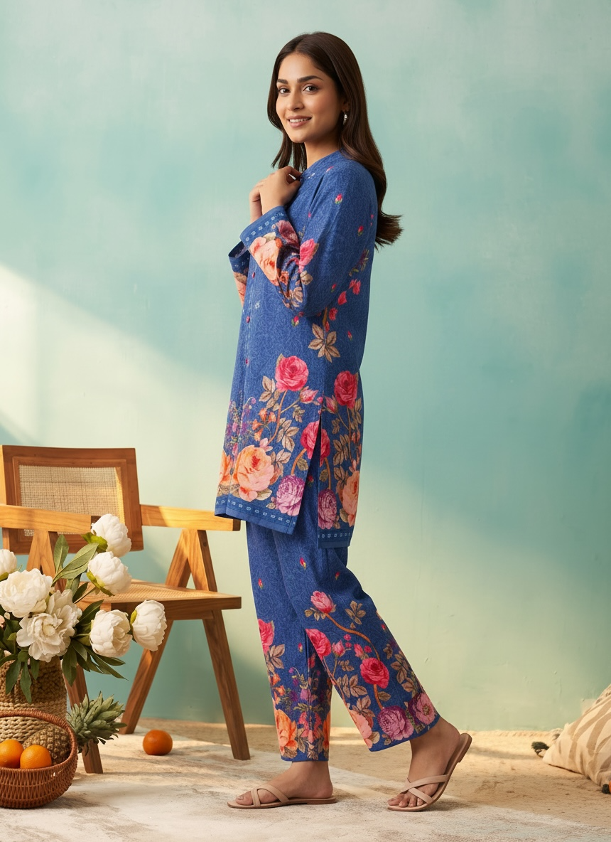 Royal Blue Rose Printed Cord Set