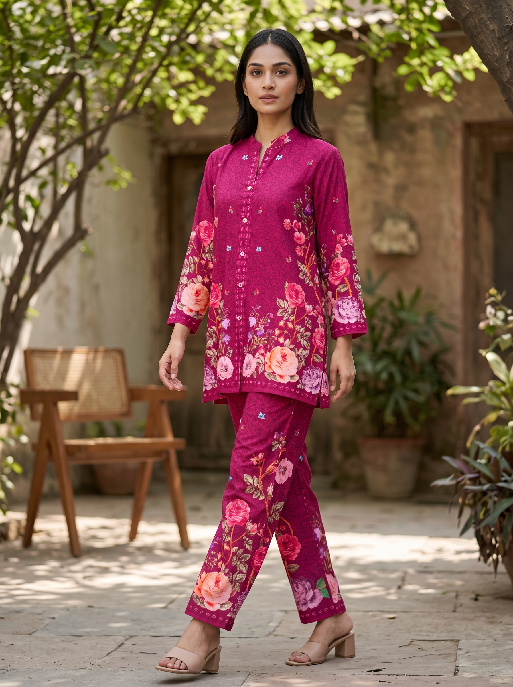 Deep Magenta Floral Printed Cord Set