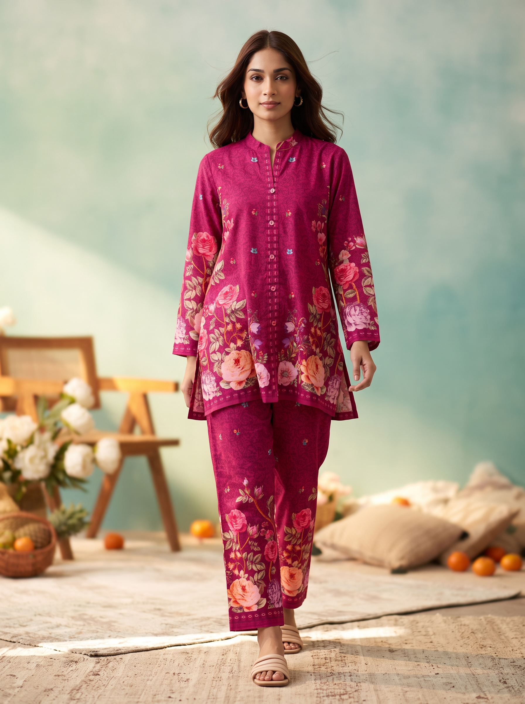 Deep Magenta Floral Printed Cord Set