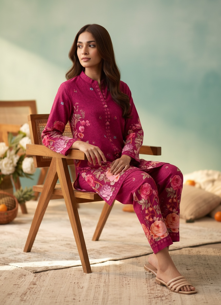 Deep Magenta Floral Printed Cord Set