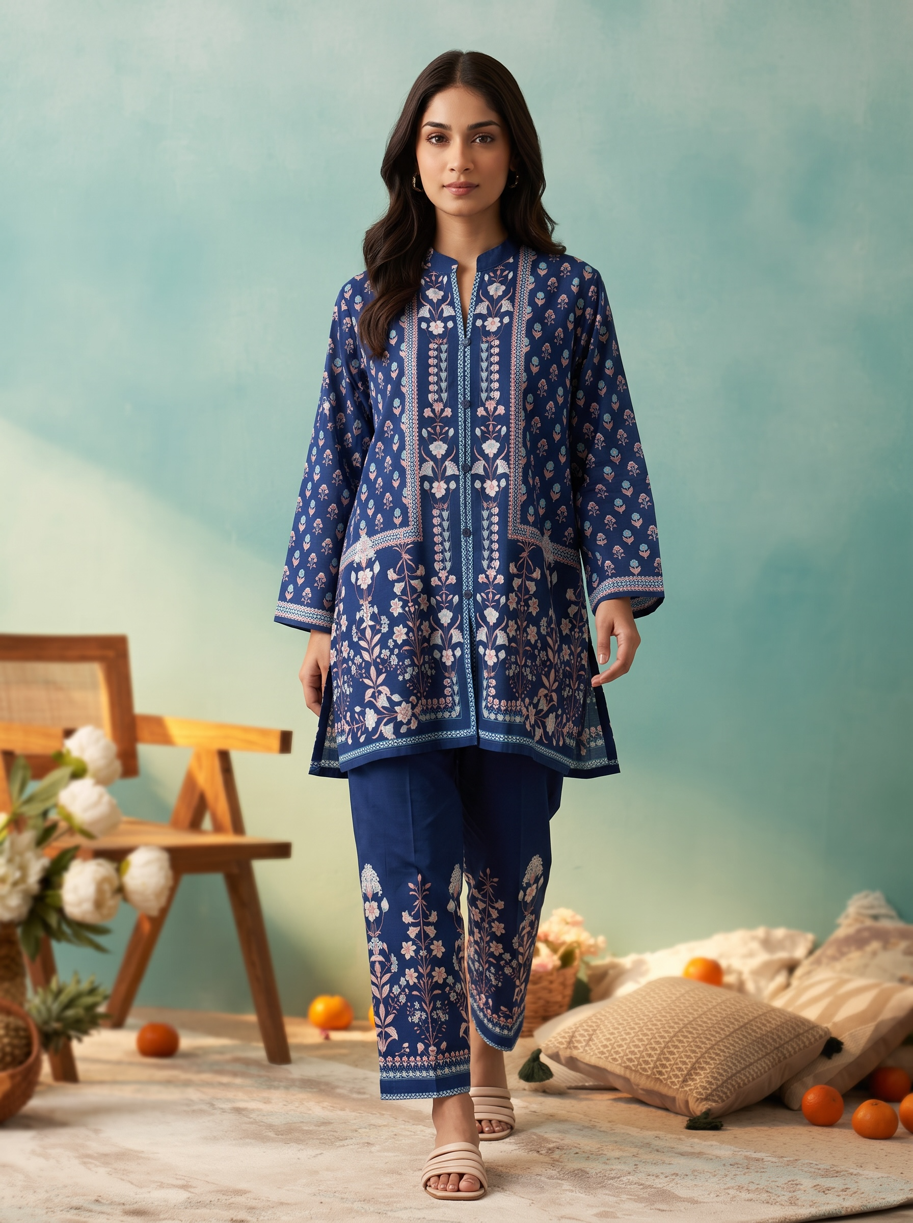 Navy Blue Boota Printed Cord Set