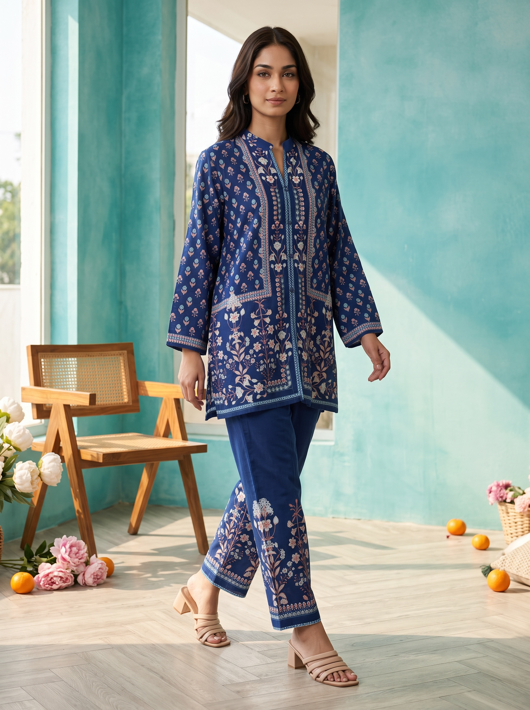 Navy Blue Boota Printed Cord Set