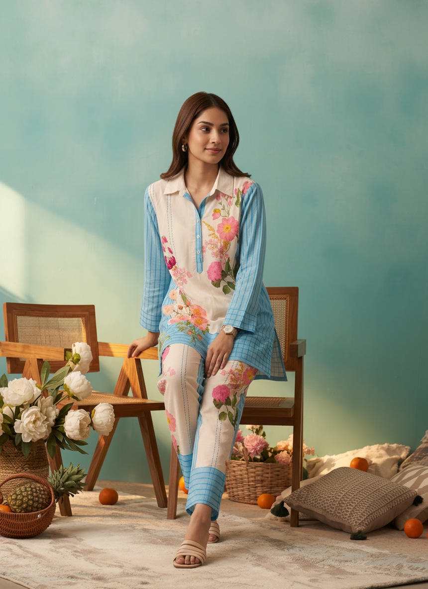 Sky Blue Border Printed Cord Set