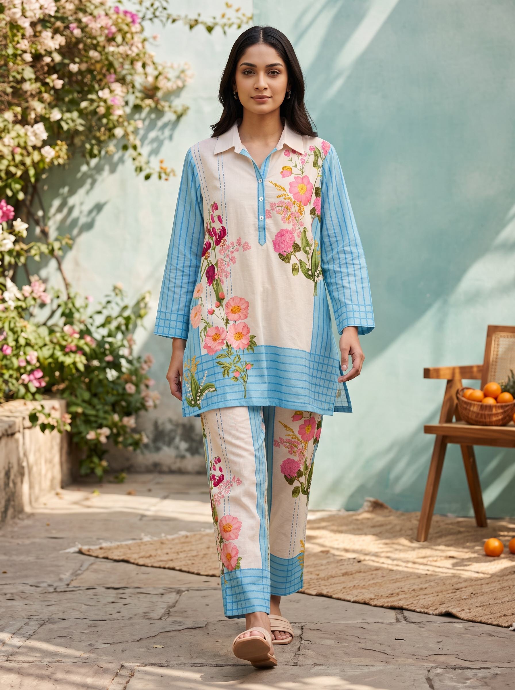 Sky Blue Border Printed Cord Set