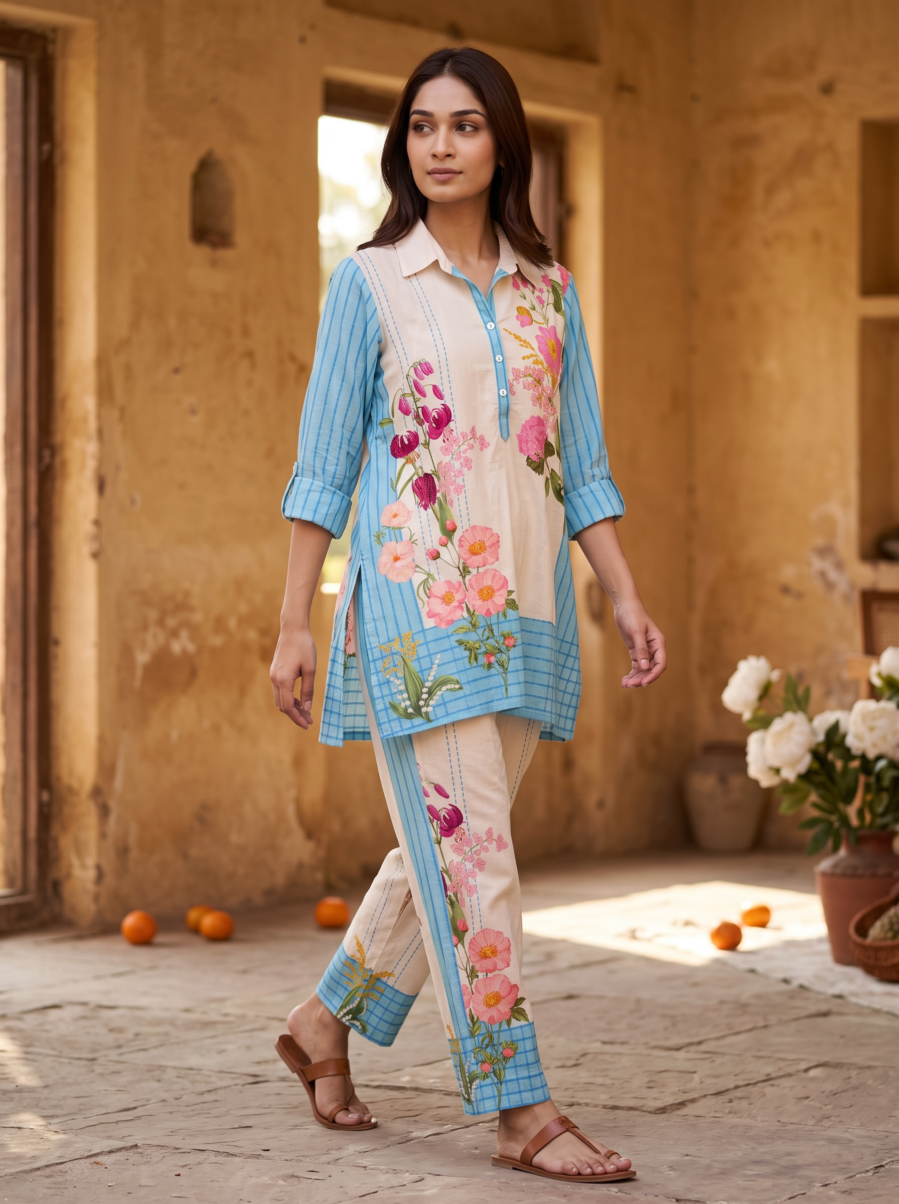 Sky Blue Border Printed Cord Set