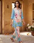 Sky Blue Border Printed Cord Set