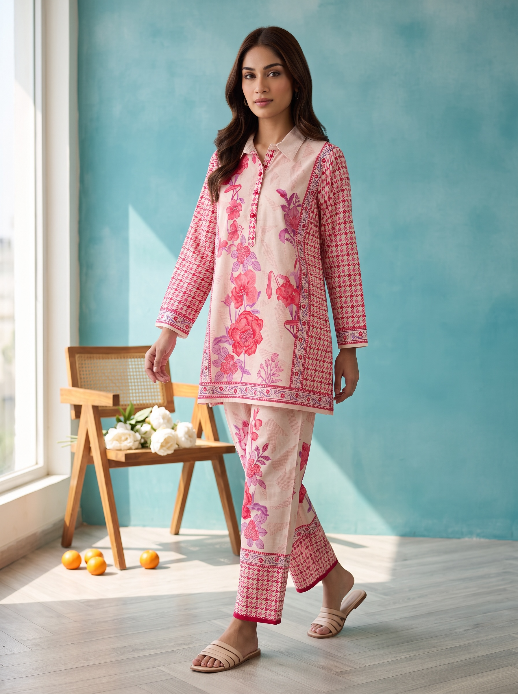 Pink Houndstooth Floral Printed Cord Set