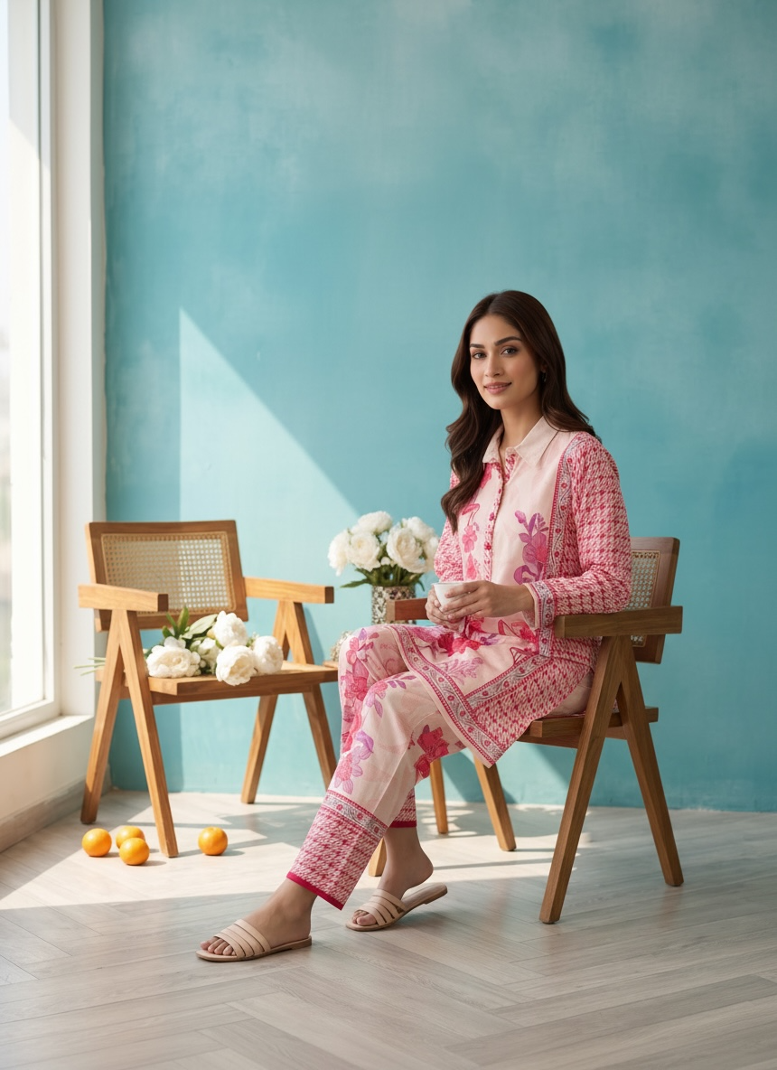 Pink Houndstooth Floral Printed Cord Set