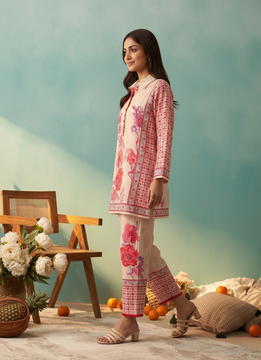 Pink Houndstooth Floral Printed Cord Set