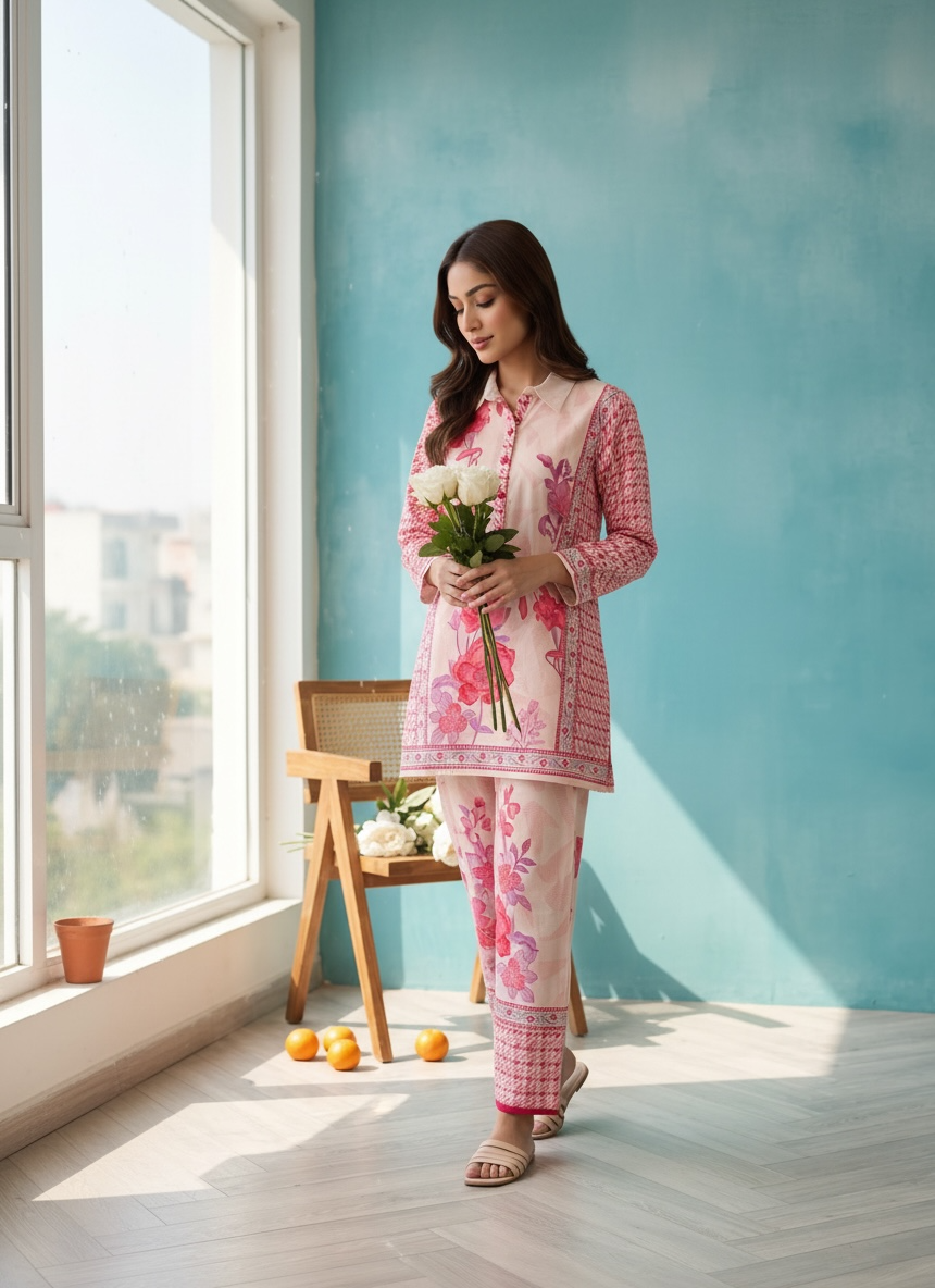 Pink Houndstooth Floral Printed Cord Set