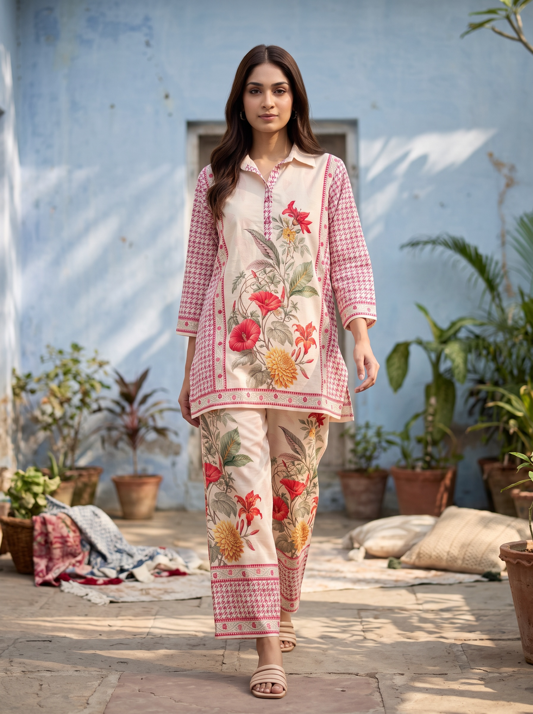Peach Red Floral Printed Cord Set