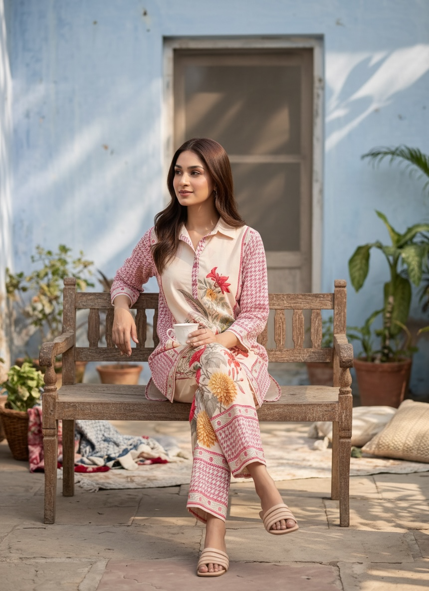 Peach Red Floral Printed Cord Set