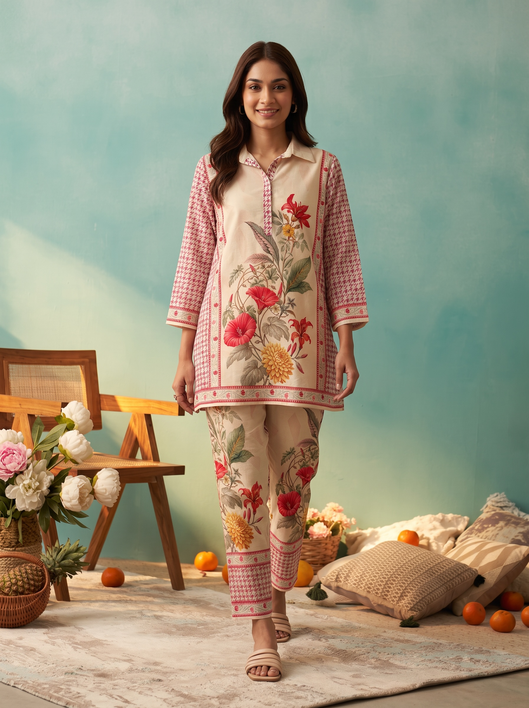Peach Red Floral Printed Cord Set