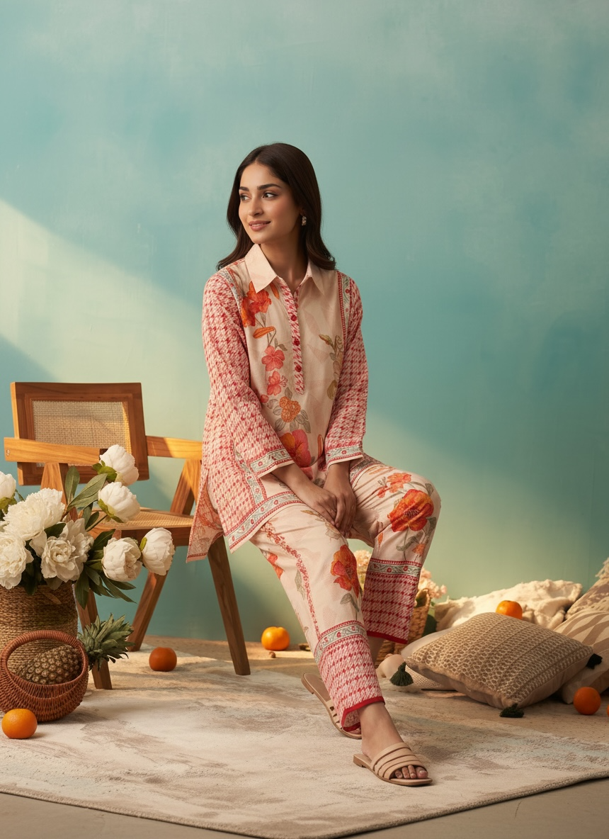Peach Orange Floral Printed Cord Set