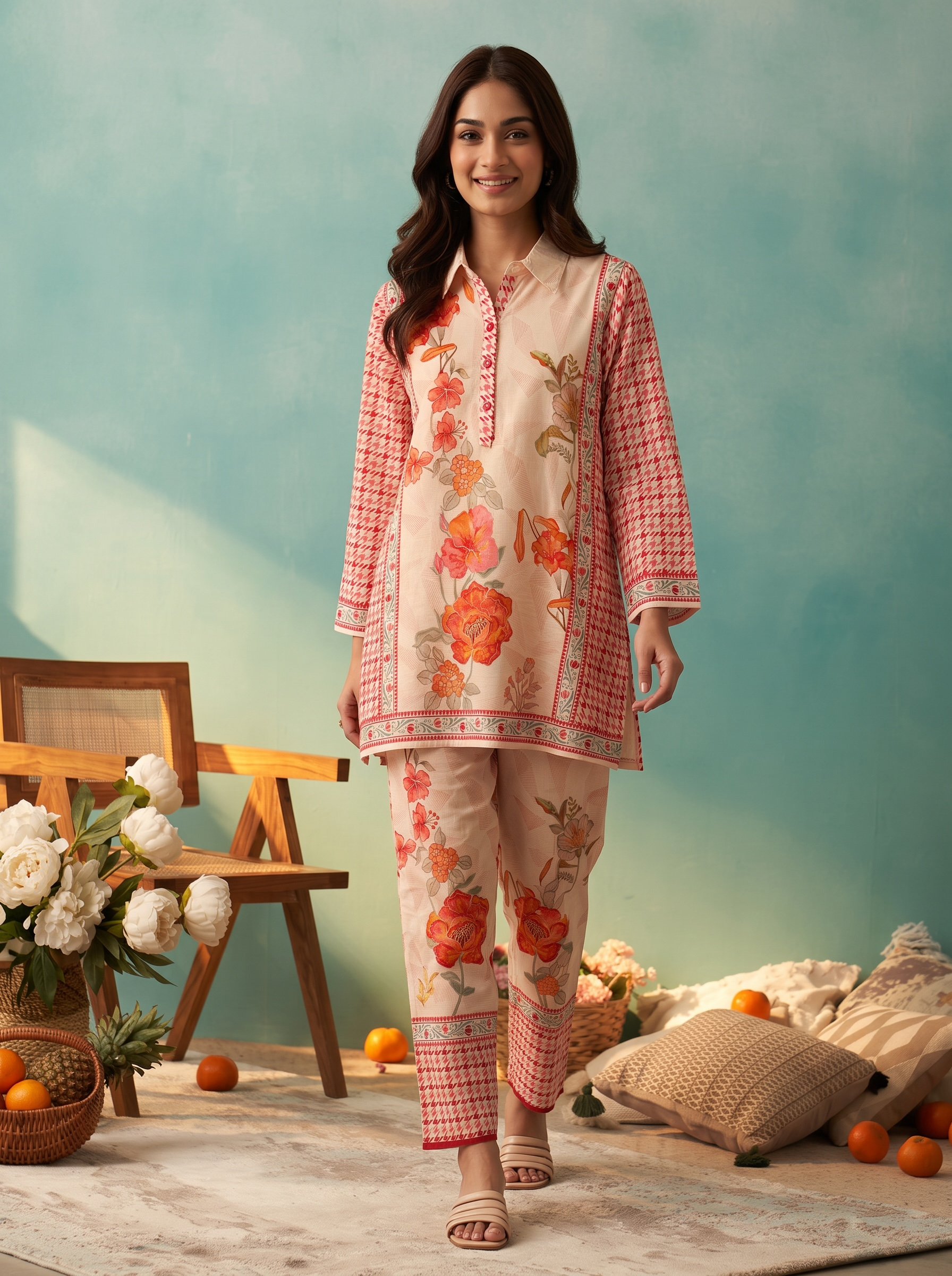 Peach Orange Floral Printed Cord Set