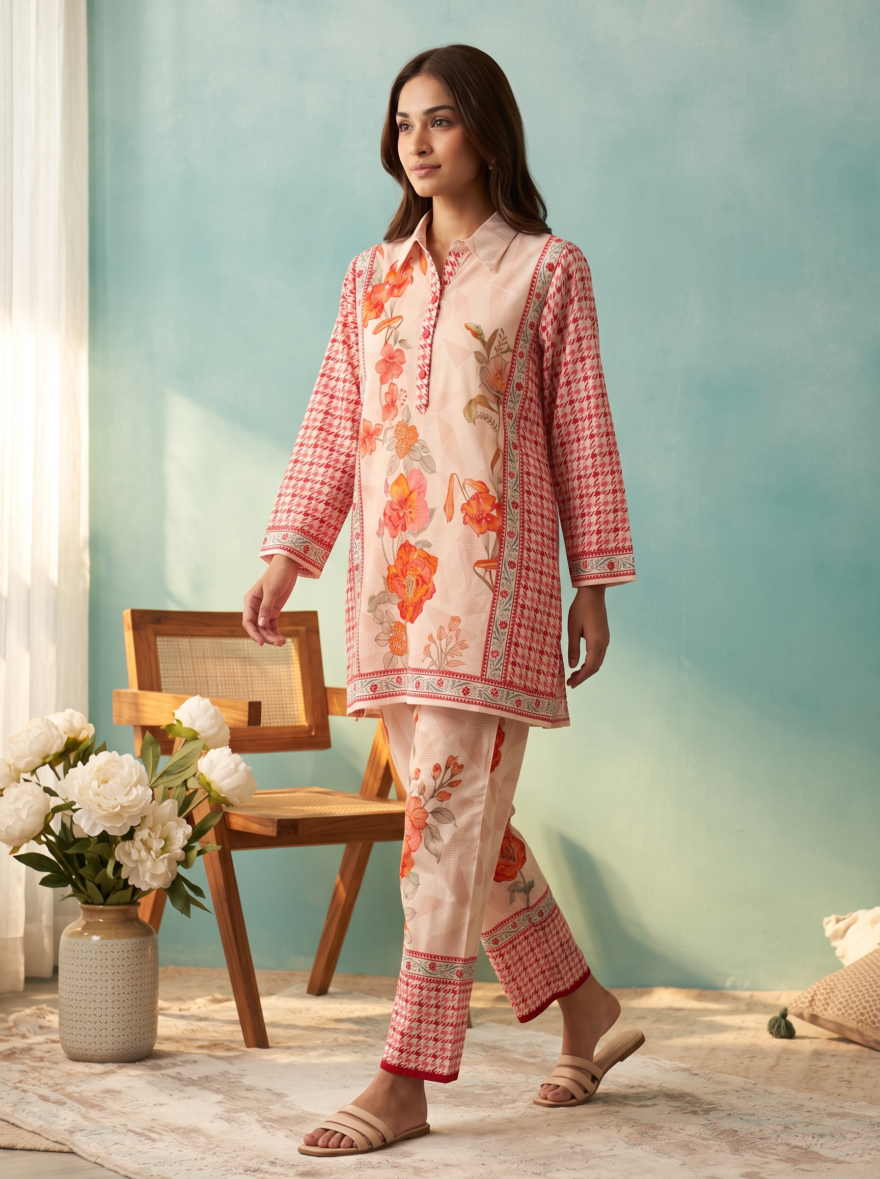 Peach Orange Floral Printed Cord Set