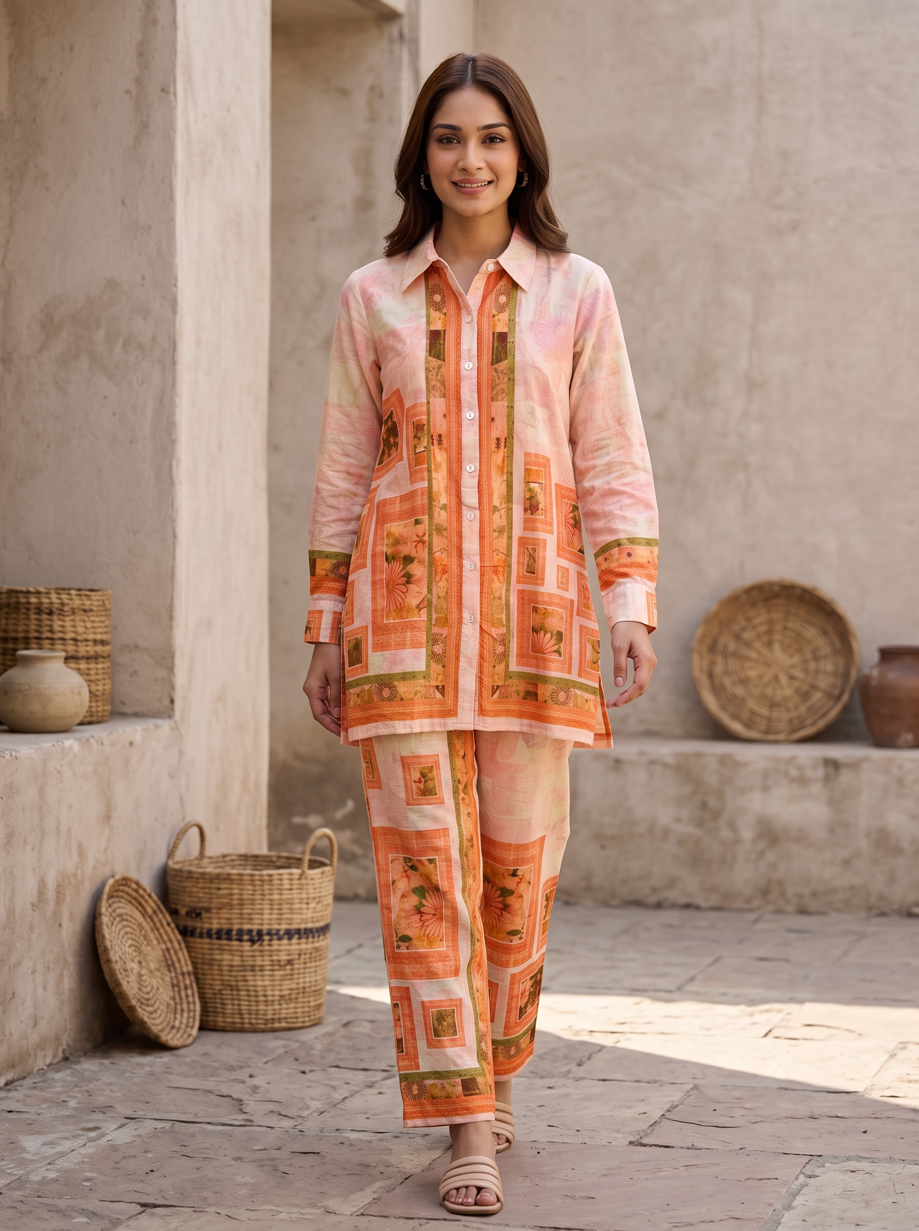 Peach Geometric Frame Printed Cord Set