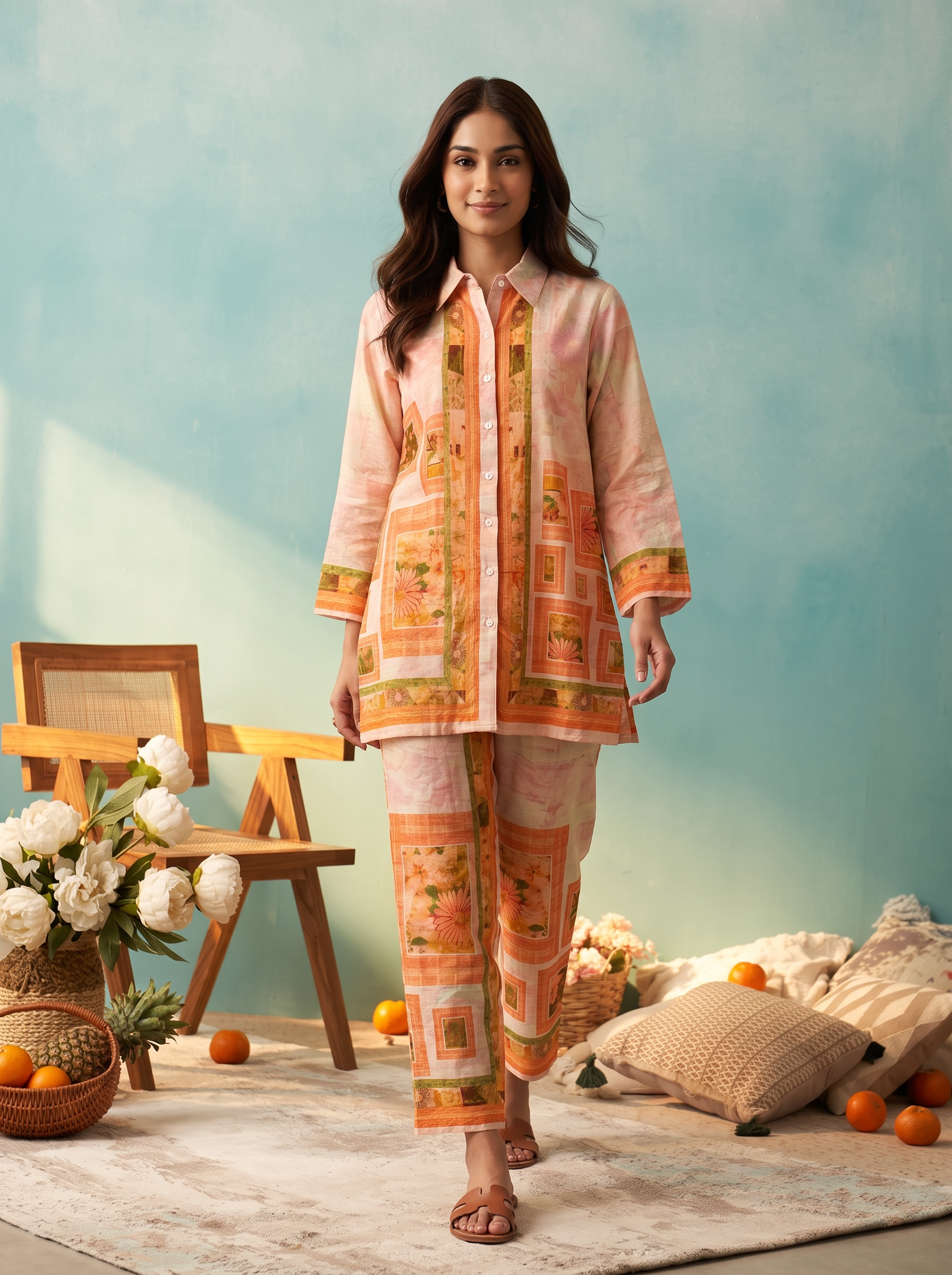 Peach Geometric Frame Printed Cord Set