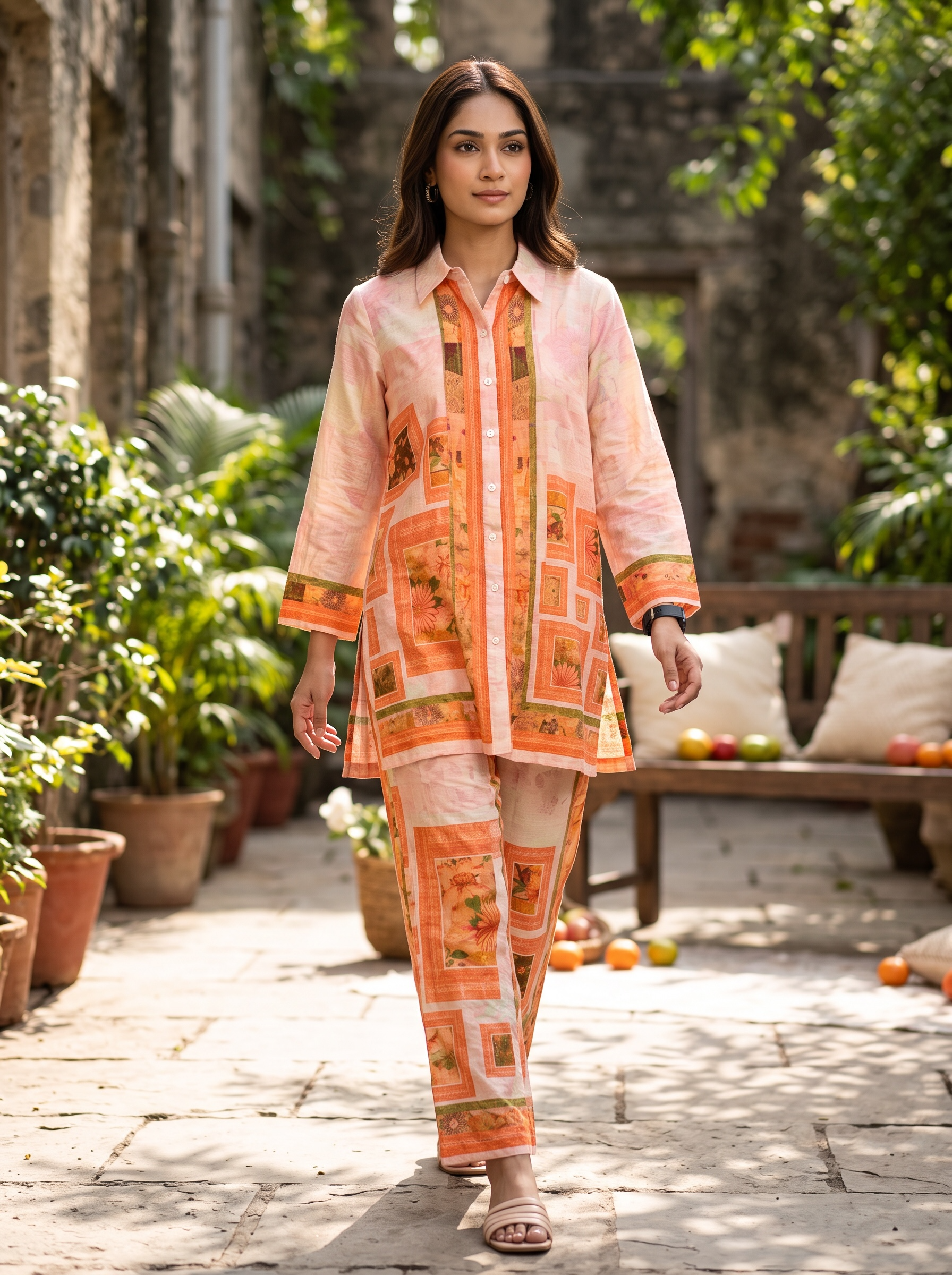 Peach Geometric Frame Printed Cord Set