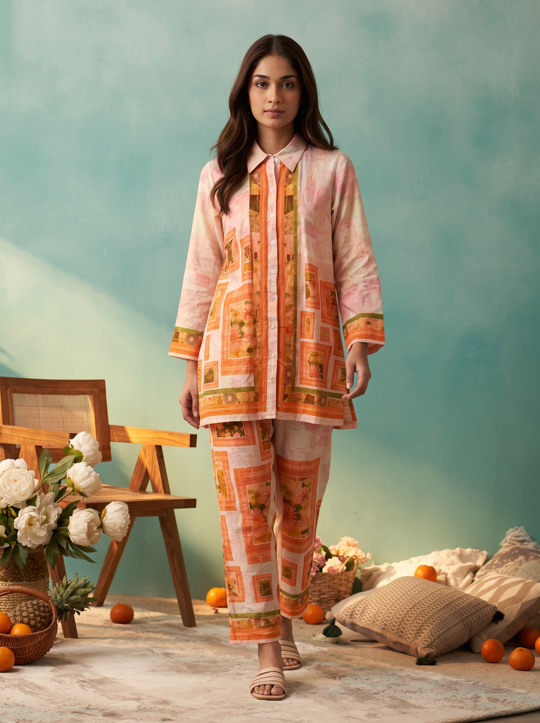 Peach Geometric Frame Printed Cord Set