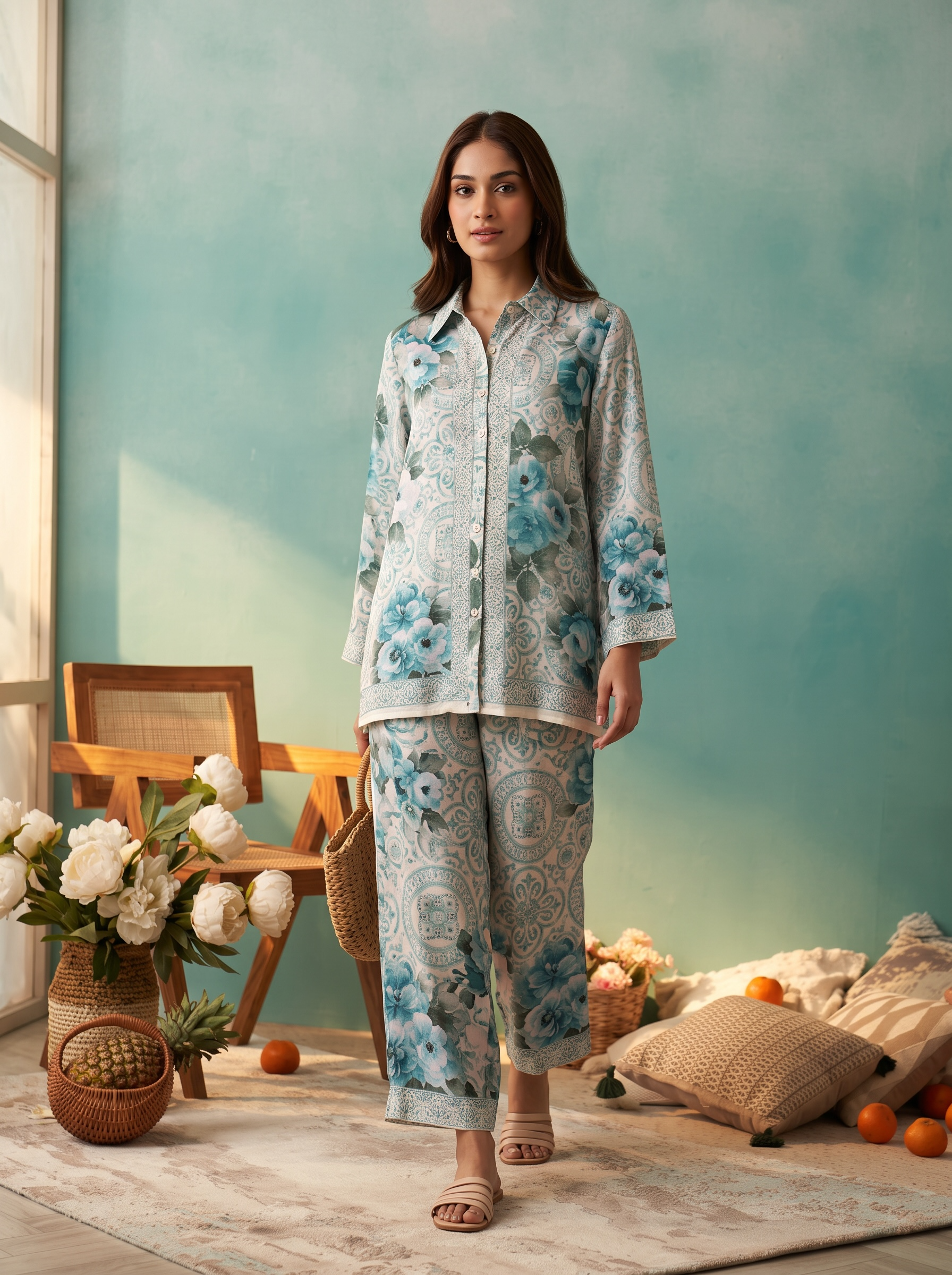 Mint Blue Floral Printed Cord Set