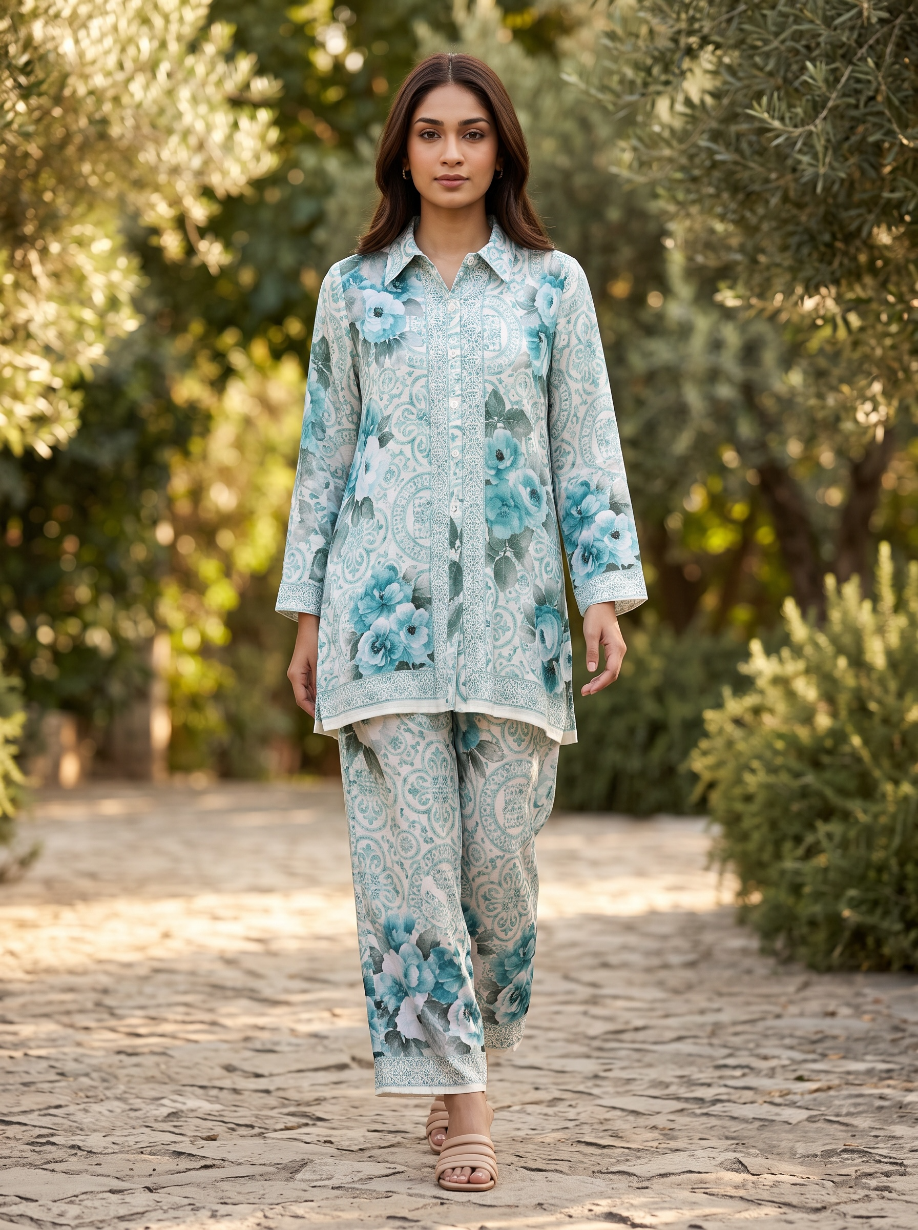 Mint Blue Floral Printed Cord Set