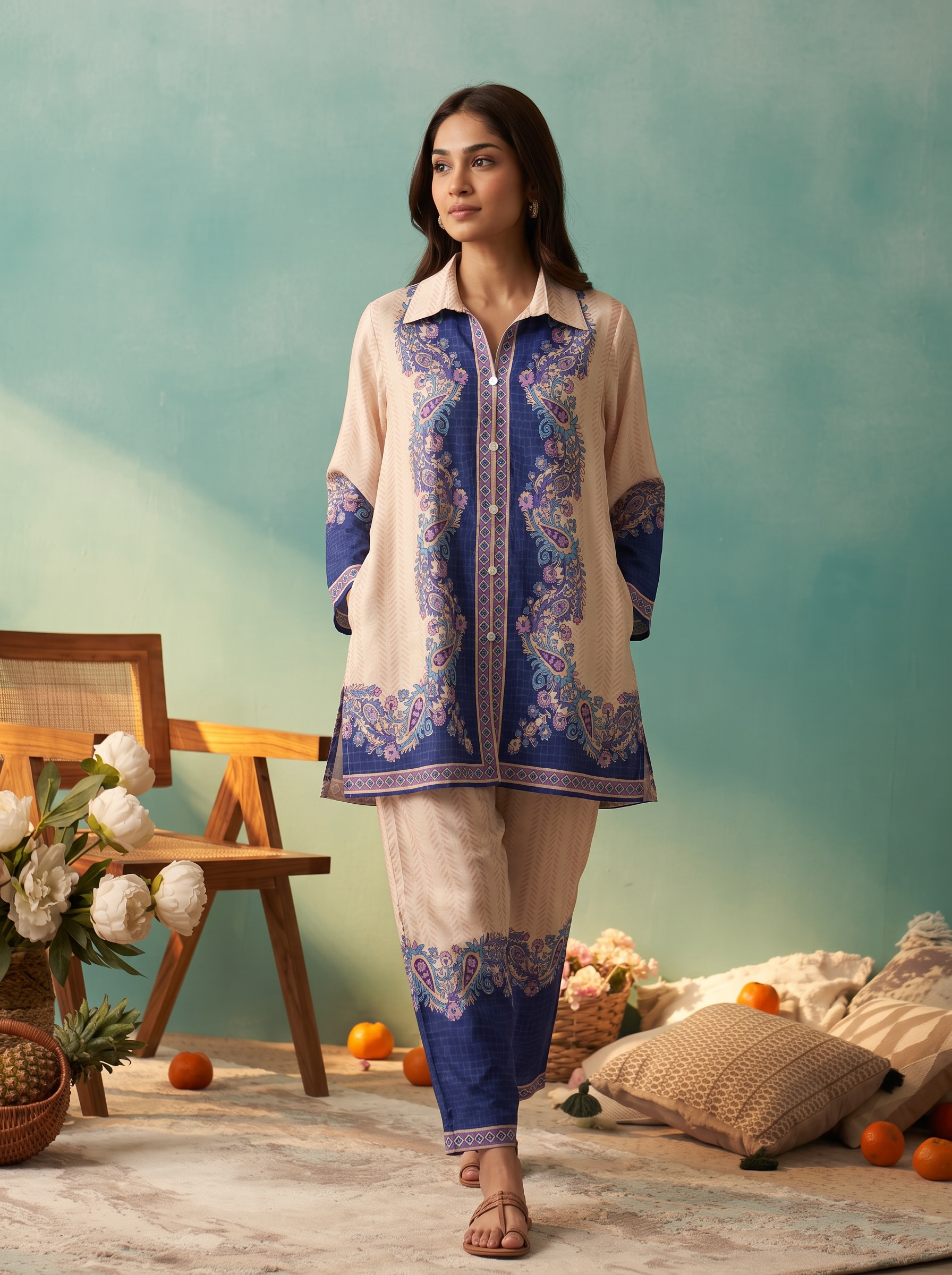 Peach &amp; Navy Paisley Printed Cord Set