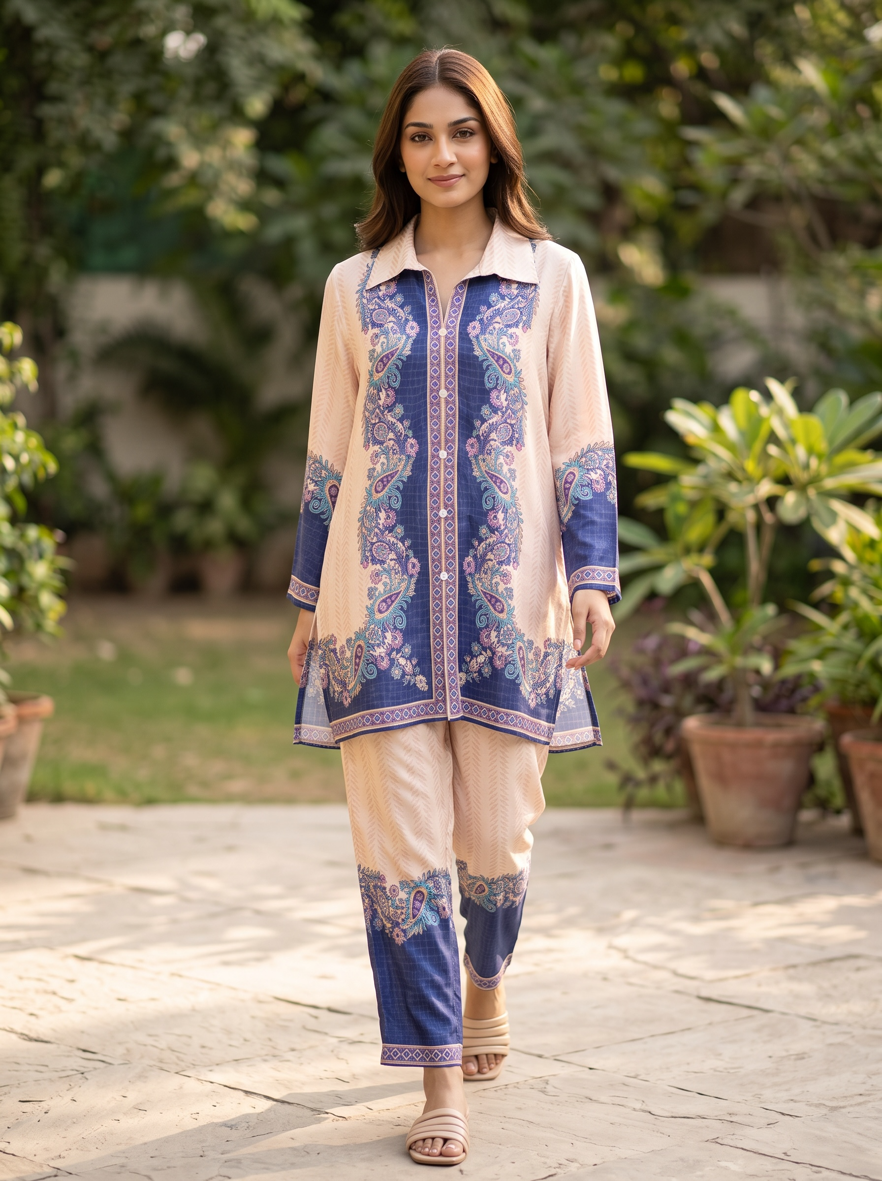 Peach &amp; Navy Paisley Printed Cord Set