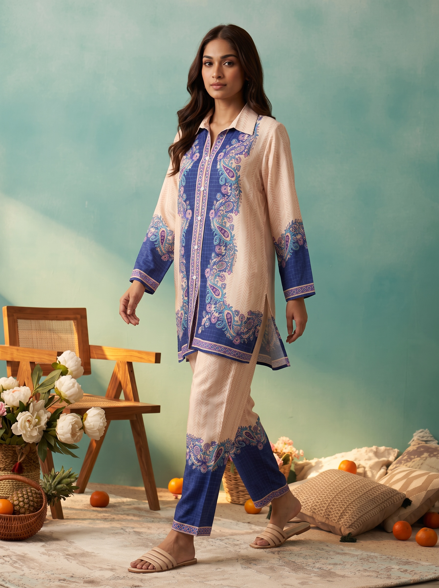 Peach &amp; Navy Paisley Printed Cord Set