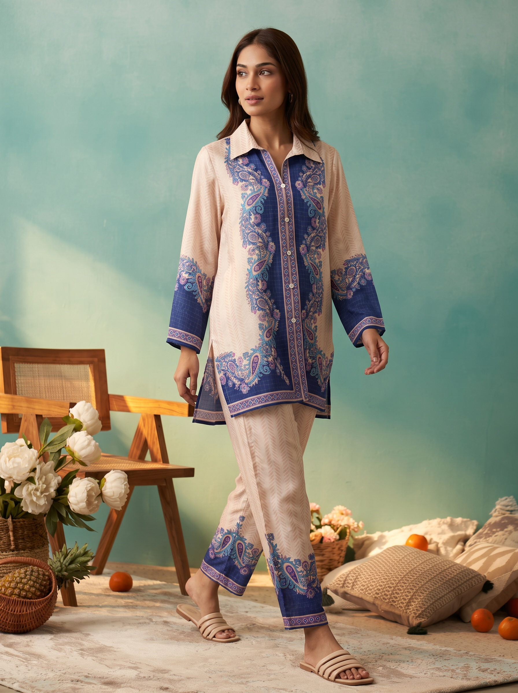 Peach &amp; Navy Paisley Printed Cord Set