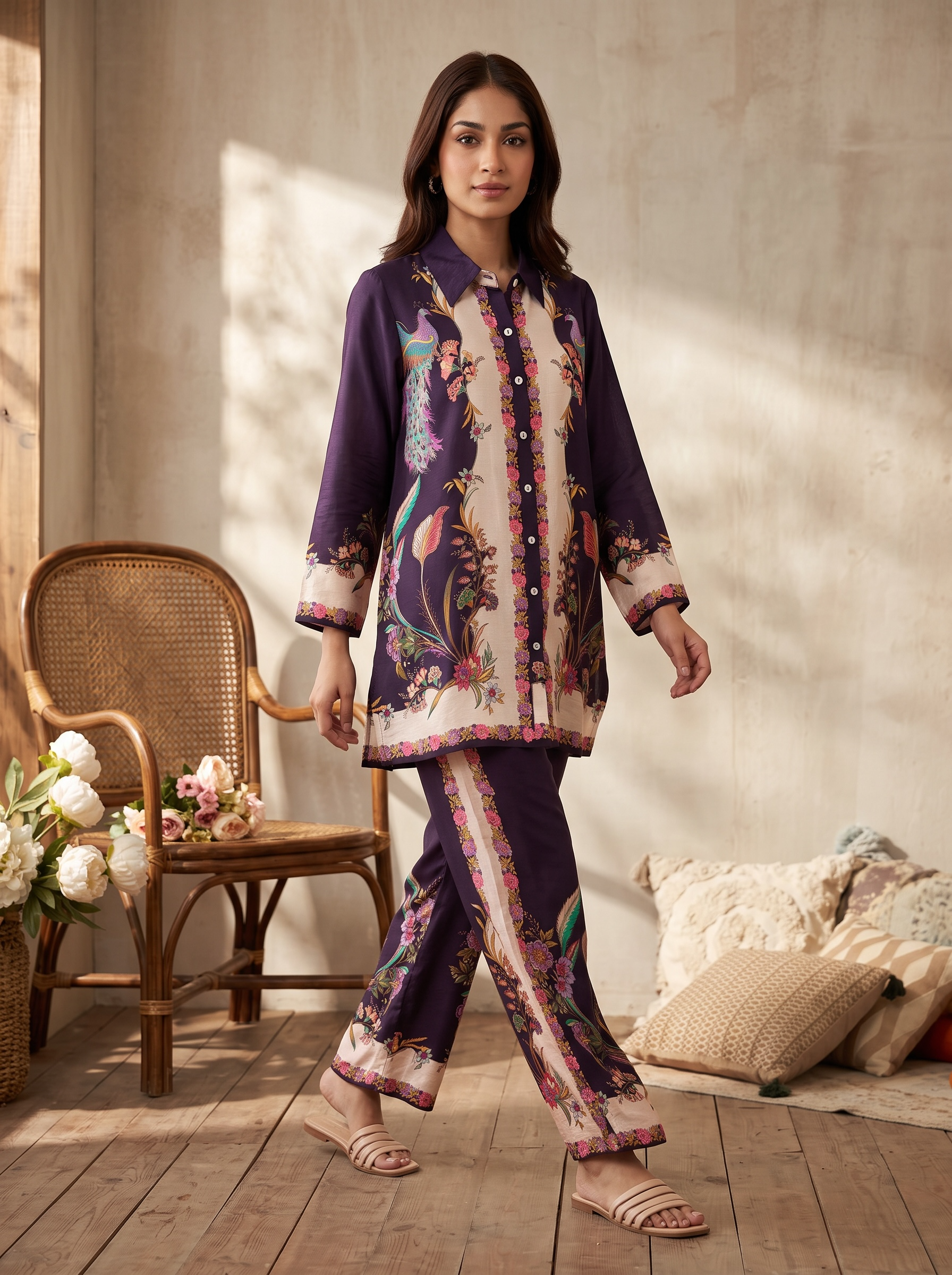 Purple Peacock Charm Printed Cord Set