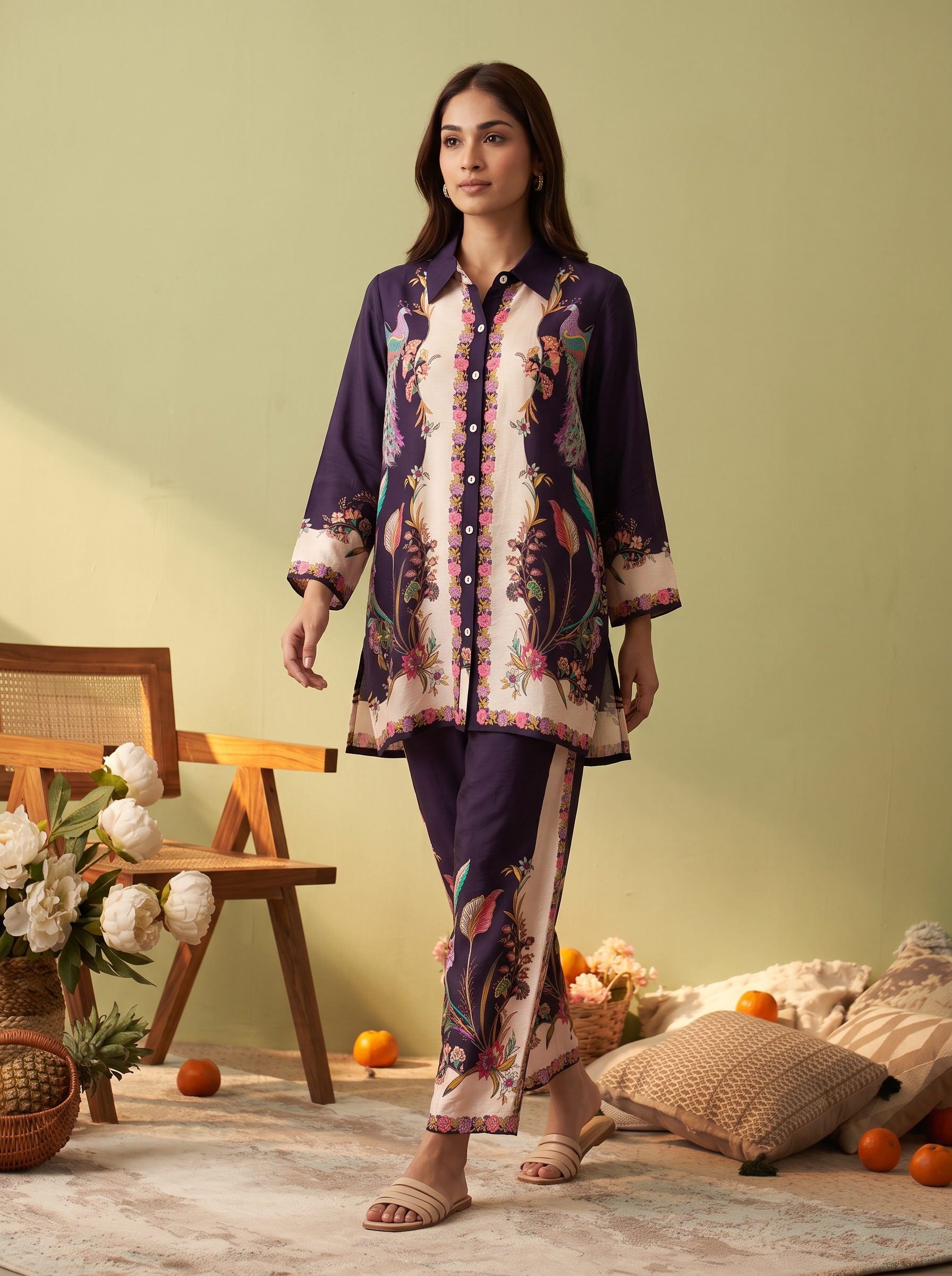 Purple Peacock Charm Printed Cord Set