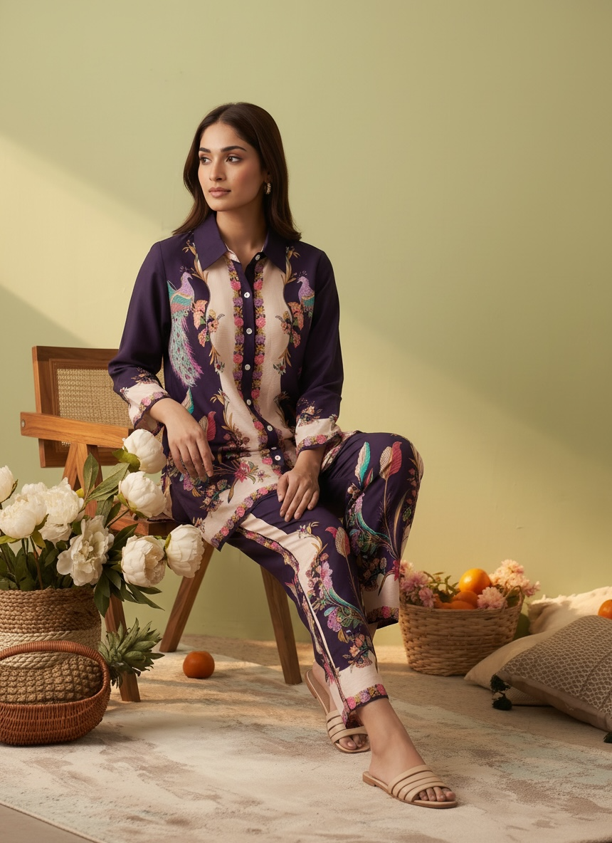 Purple Peacock Charm Printed Cord Set