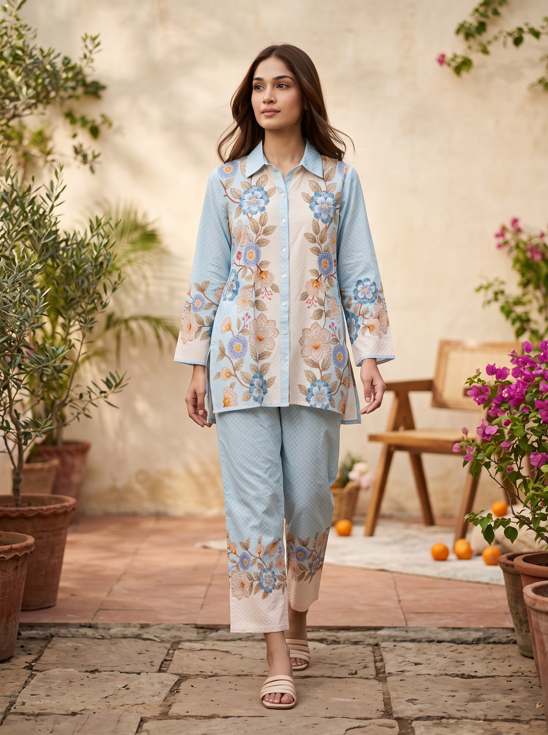 Pastel Blue Floral Printed Cord Set