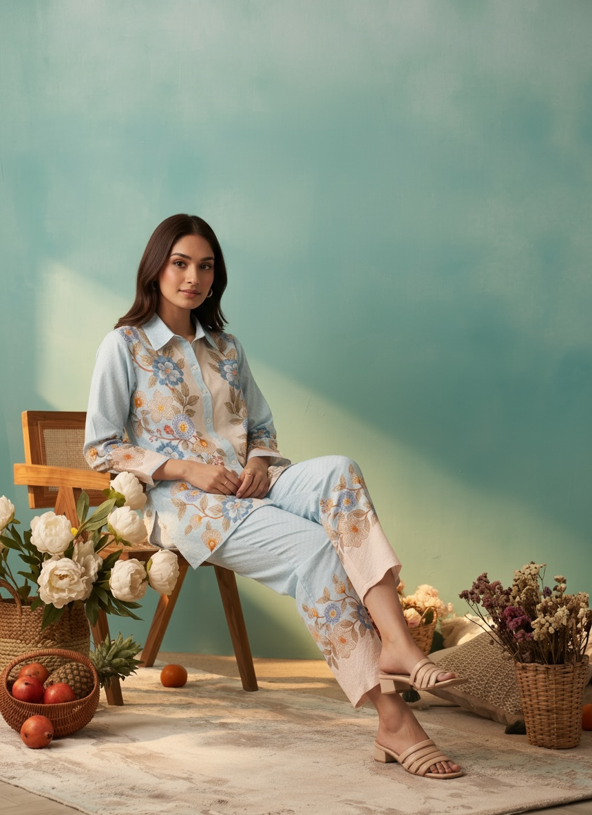 Pastel Blue Floral Printed Cord Set