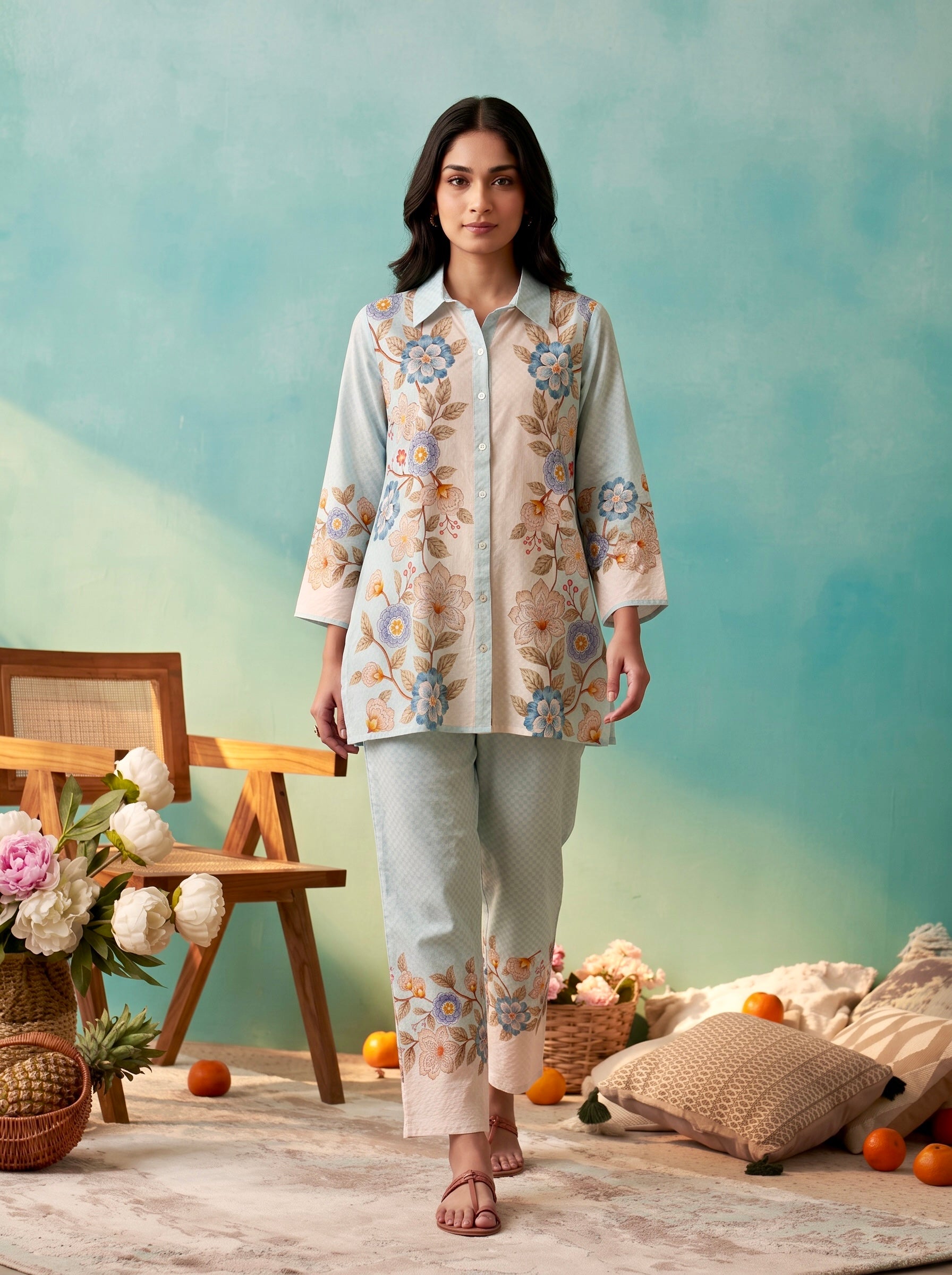 Pastel Blue Floral Printed Cord Set