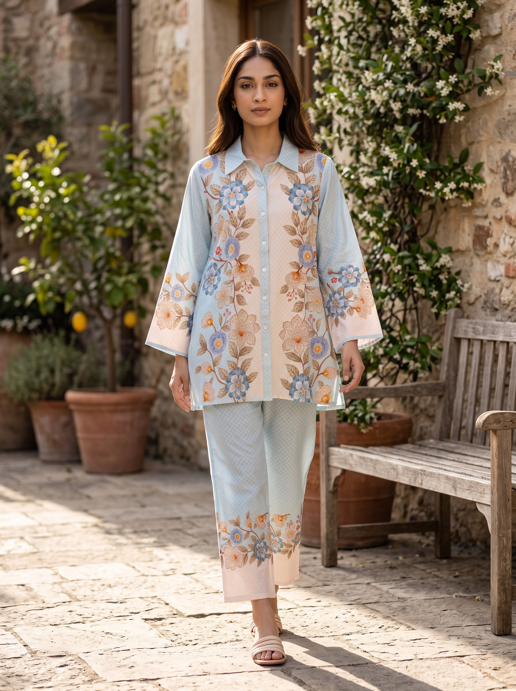 Pastel Blue Floral Printed Cord Set